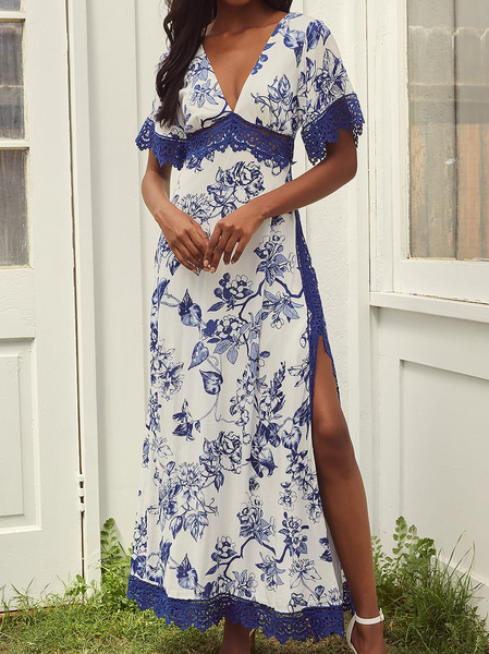 

V Neck Vacation Dress, White, Dresses