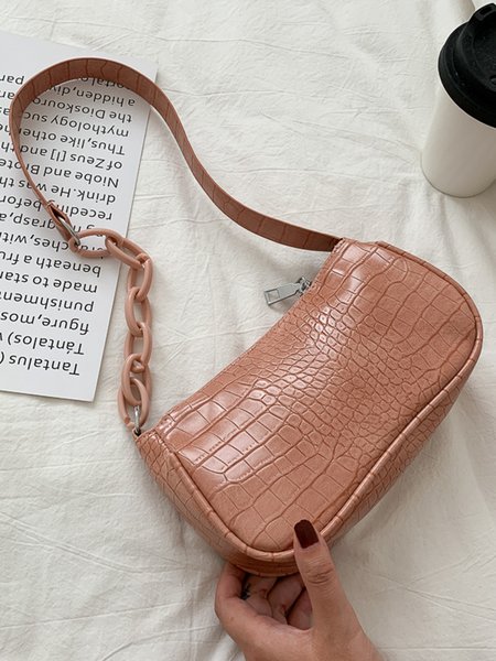 

Croc-effect Faux Leather Chain Panel Underarm Bag, Pink, Women's Bags