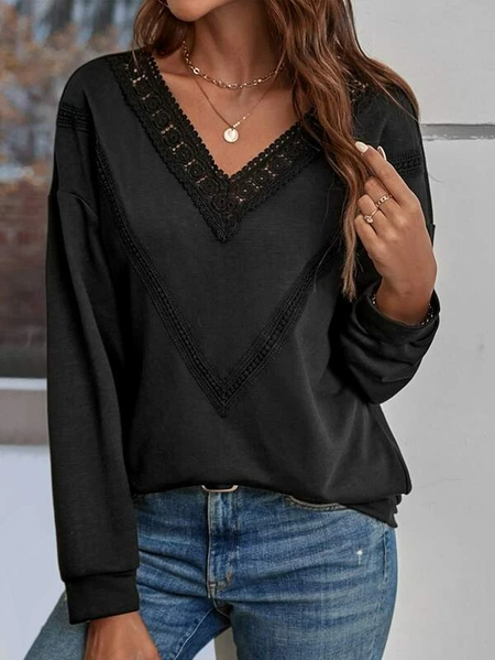 

Lace Casual Plain Loose T-Shirt, Black, T-Shirts