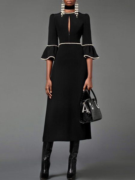 

Elegant Regular Fit Micro-Elasticity X-Line Dress, Black, Midi Dresses