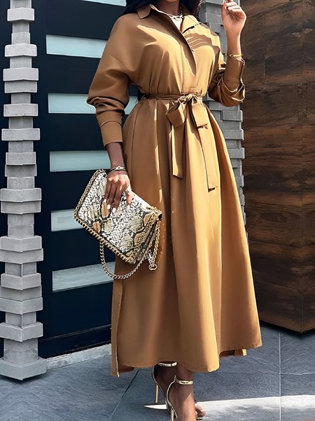 

Elegant Shirt Collar Plain Long Sleeve Dress, Khaki, Midi Dresses