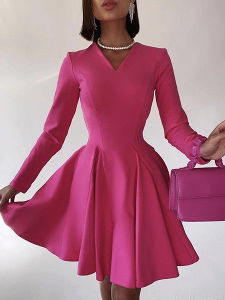 

Long sleeve Plain Regular Fit Elegant V Neck Dress, Rose red, Mini Dresses