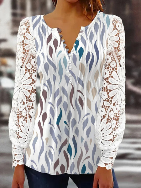 

V Neck Color Block Lace Casual Top, White, Shirts & Blouses