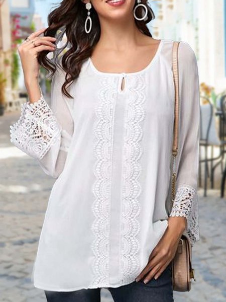 

Loose Vacation Chiffon Lace Top, White, Tunics