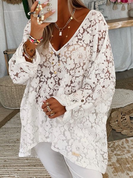 

Regular Fit Lace V Neck Casual Top, White, Tops