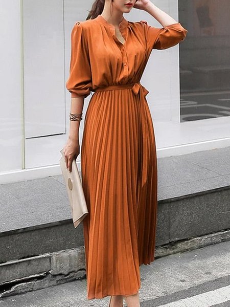 

Long sleeve Regular Fit Plain Shirt Collar Elegant Dress, Orange, Midi Dresses