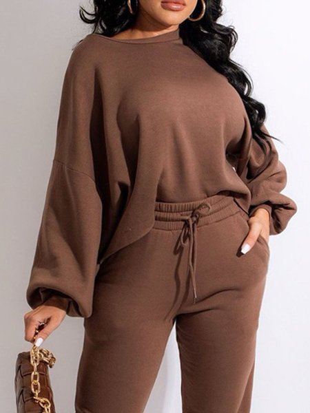 

Loose Crew Neck Plain Casual Sweatshirt, Brown, Hoodies and Sweatshirts