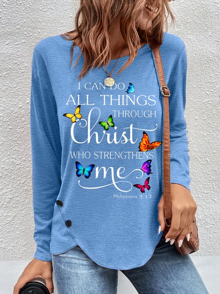

Women's Butterflies Christ Print Casual Letters Top, Blue, Long sleeves