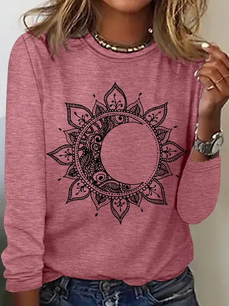 

Women's Mandala Sun And Moon Crew Neck Casual Top, Rose red, Long sleeves