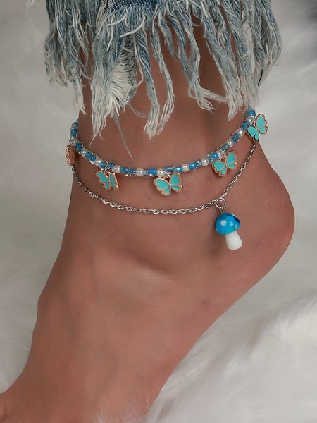 

2Pcs Boho Style Beaded Butterfly Mushroom Fun Pattern Multilayer Anklet Beach Vacation Jewelry, Blue, Anklets
