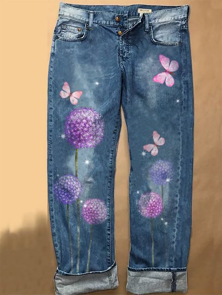 

Womens Dandelion Butterfly Casual Printed Jeans, Blue, Jeans