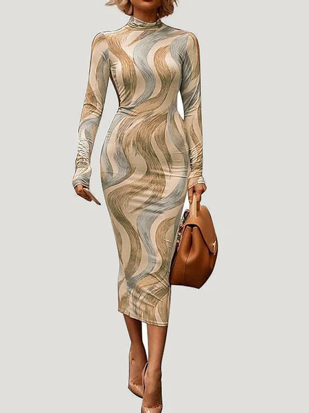 

High Elasticity Stand Collar Geometric Elegant Long sleeve Tight Long Dress, Apricot, Maxi Dresses