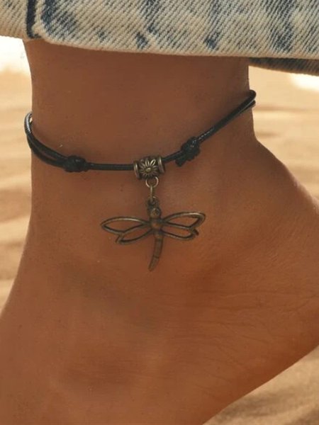 

Boho Vintage Dragonfly Pattern Leather Rope Anklet Beach Vacation Jewelry, Black, Bracelets & Anklets