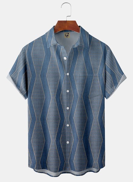 

Abstract Geometric Chest Pockets Short Sleeve Casual Shirts, Blue, Men Shirts