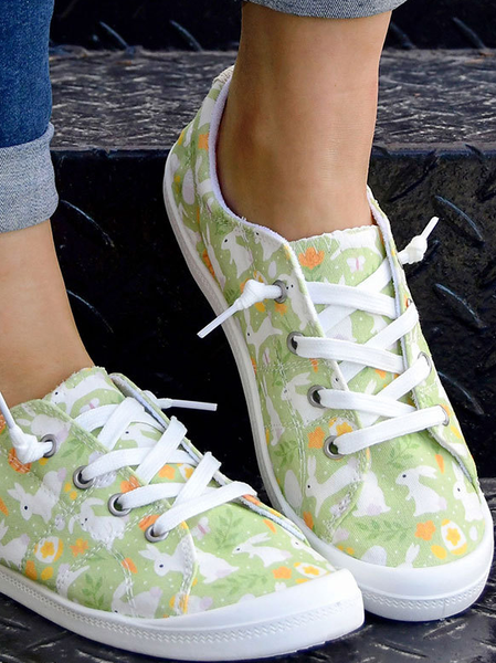 

Rabbit Floral Graphic-Print Denim Lace-Up Canvas Flats, Lightgreen, Sneakers