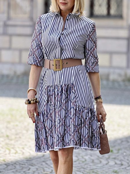 

Half sleeve Elegant Shirt Collar Striped Regular Fit Dress, Blue, Mini Dresses