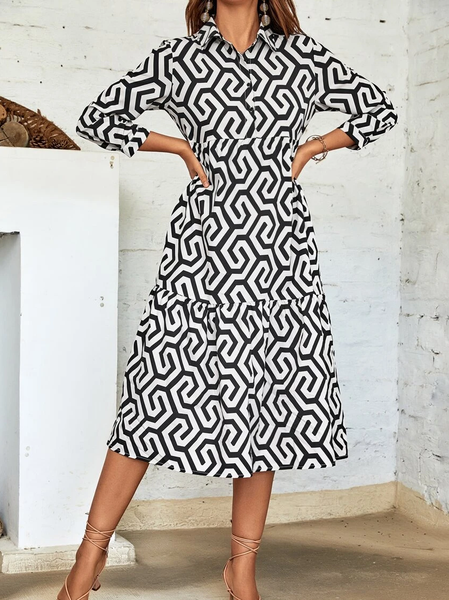 

Regular Fit Shirt Collar Urban Geometric Dress, Black-white, Dresses