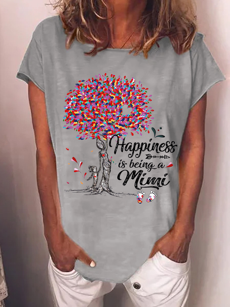 

Women's Heart Grandma tree happiness is being a Mimi Crew Neck Casual Cotton-Blend T-Shirt, Gray, T-shirts