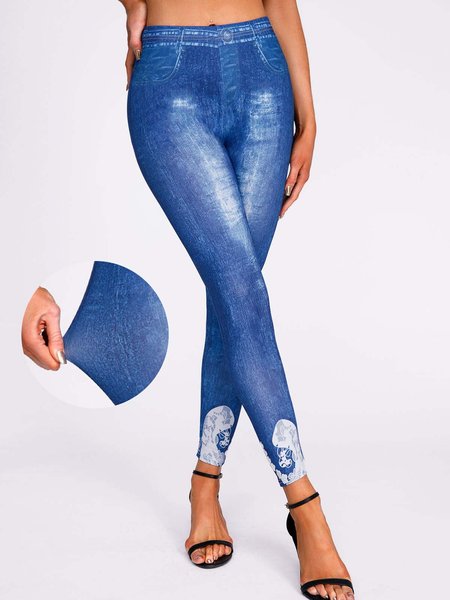 Plain Tight Casual Knitted Leggings, Denim blue, Leggings