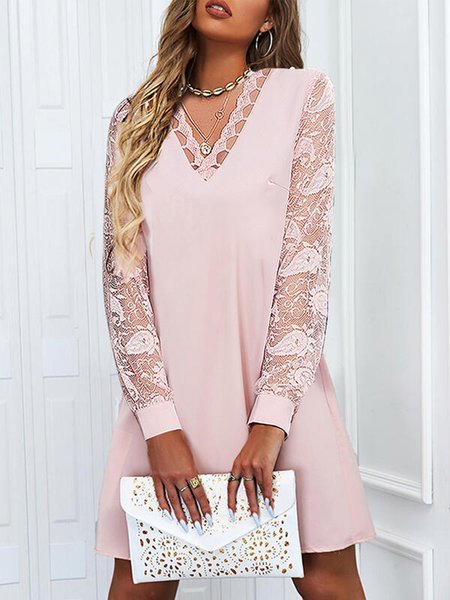 

Elegant Plain Lace V Neck Dress, Pink, Formal Dresses