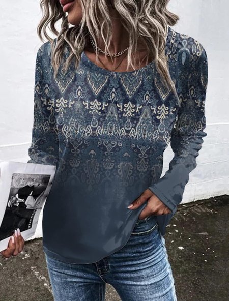 

Ethnic Loose Casual Crew Neck T-Shirt, Dark blue, T-Shirts