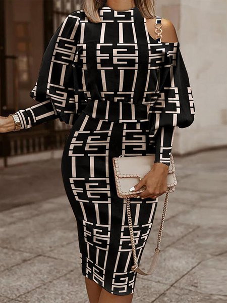 

Crew Neck Elegant Geometric Long Sleeve Midi Dress, Black, Midi Dresses