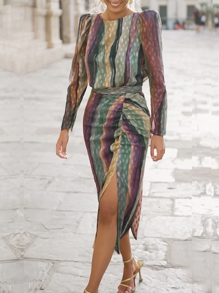 

Regular Fit Crew Neck Long sleeve Urban Geometric Midi Dress, As picture, Midi Dresses