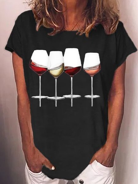 

Women's Wine Print Casual Crew Neck T-Shirt, Black, T-shirts