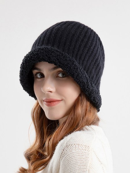 

Casual Wool Knit Panel Coral Fleece Beanie Daily Commuting Home Accessories, Black, Women Hats