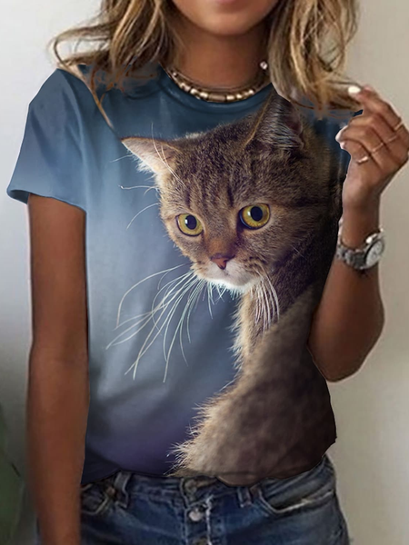 

Crew Neck Casual Cat Regular Fit T-Shirt, Blue, T-Shirts