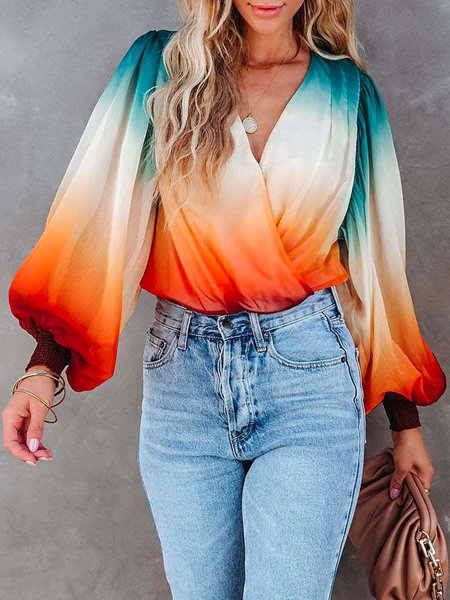 

Ombre Loose V Neck Urban Blouse, As picture, Blouses and Shirts