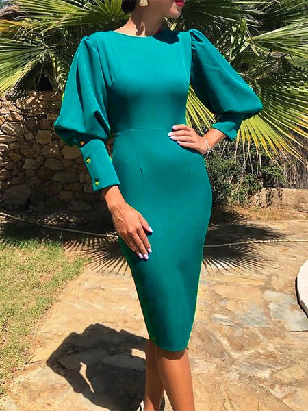 

Crew Neck Elegant Lantern Sleeve Dress, Blue, Midi Dresses