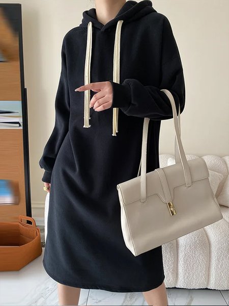 

Long sleeve Hoodie Loose Casual Plain Dress, Black, Midi Dresses