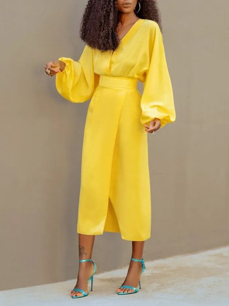 Plain V Neck Elegant Lantern Sleeve Regular Fit Dress, Yellow, Midi Dresses