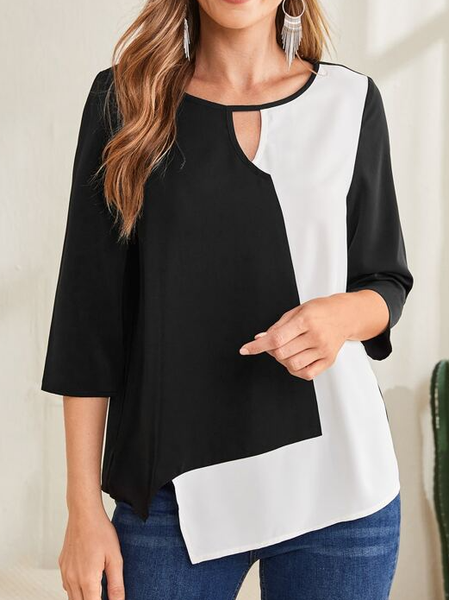 

Color Block Casual Crew Neck T-Shirt, Black-white, Tops