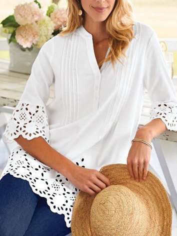 

Casual Plain V Neck Cotton Blouse, White, Shirts & Blouses