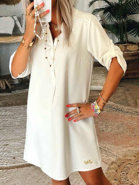 

Casual Shirt Collar Plain Regular Fit Dress, White, Dresses