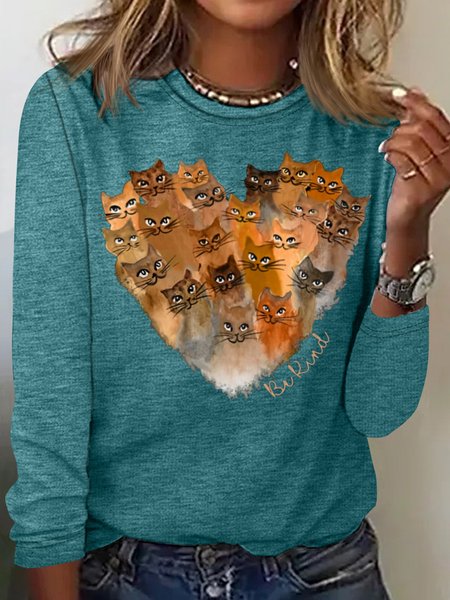 

Women's Cat Heart Be Kind Casual Crew Neck Top, Green, Long sleeves