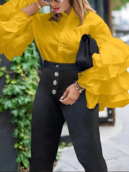 

Ruffled Sleeves Stand Collar Plain Urban Blouse, Yellow, Blouses and Shirts