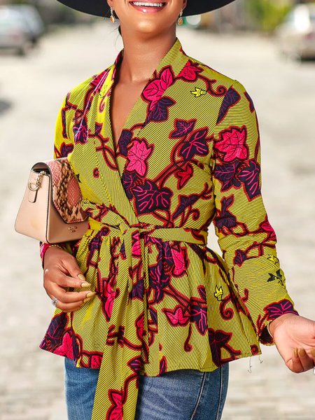 

Regular Fit V Neck Floral Elegant Blouse, Green, Blouses and Shirts
