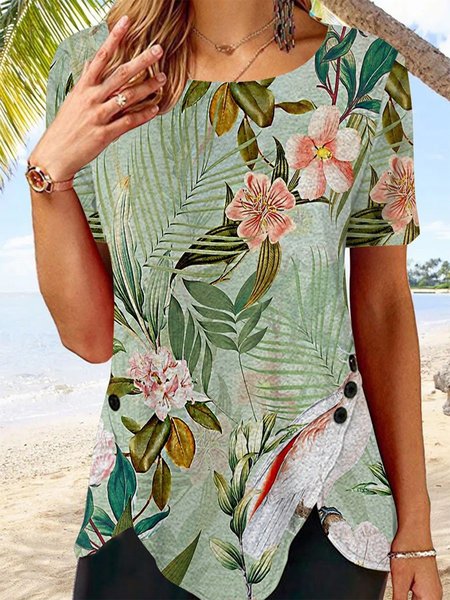 

Floral Loose Crew Neck Casual T-Shirt, Green, T-Shirts
