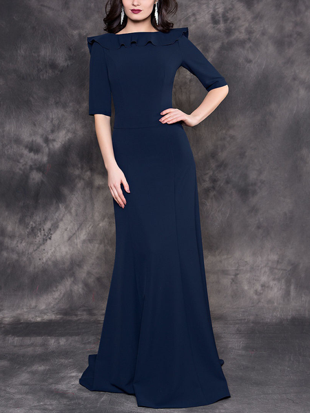 

Regular Fit Elegant Plain Lotus Leaf Collar Dress & Party Dress, Blue, Maxi Dresses