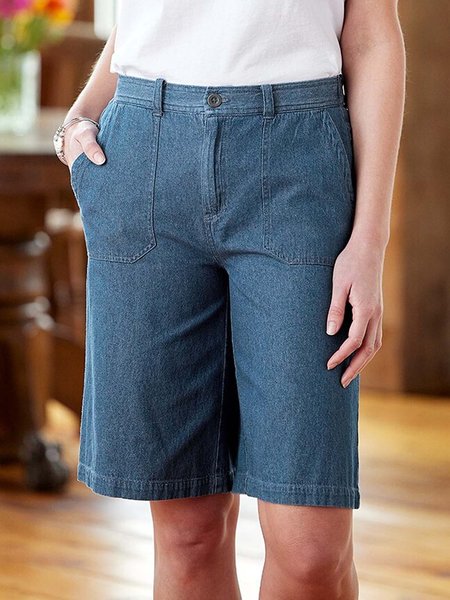 

Casual Loose Plain Denim Jeans, Denim blue, Shorts