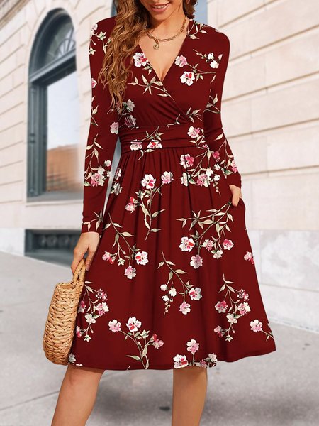 

Loose Floral V Neck Boho Dress, Red, Midi Dresses