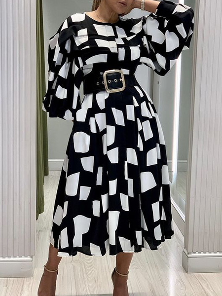 

Loose Geometric Crew Neck Long sleeve Elegant Long Dress, Black, Maxi Dresses
