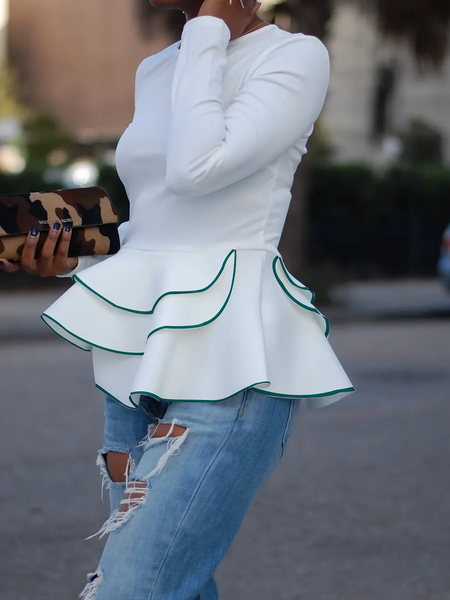 

High Elasticity Elegant Color Block Crew Neck Long sleeve Top, White, Blouses and Shirts