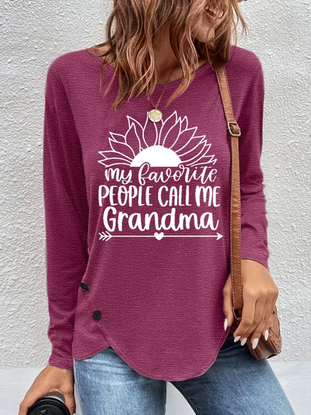 

Women's My Granma Favorite People Call Me Grandma Letters Casual Crew Neck Top, Wine red, Long sleeves