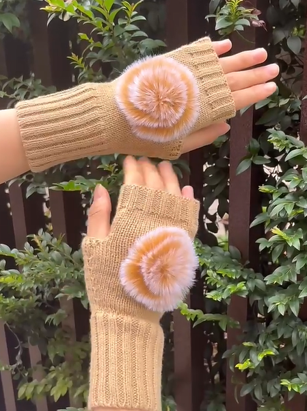

Casual Gradient Pom Wool Knit Long Half Finger Gloves Daily Commuting Home Accessories, Beige, Women Gloves