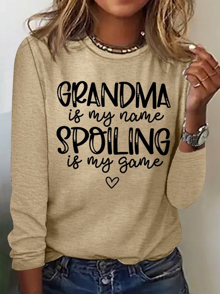 

Women's Grandma Is My Name Spoiling Is My Game Funny Graphic Print Casual Crew Neck Text Letters Top, Khaki, Long sleeves