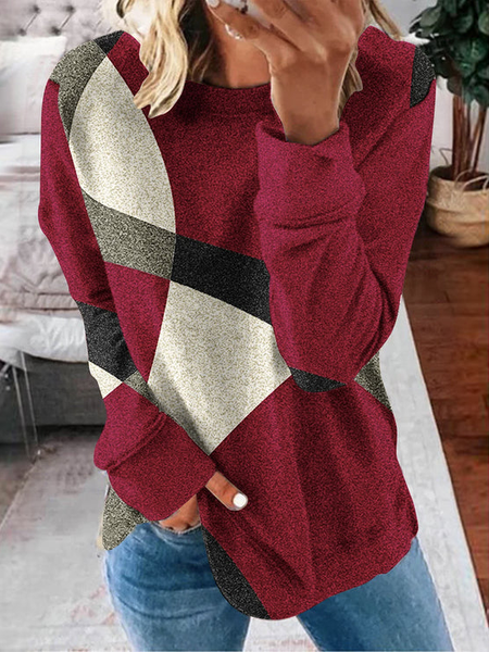 

Color Block Loose Crew Neck Casual Top, Multicolor, Tops